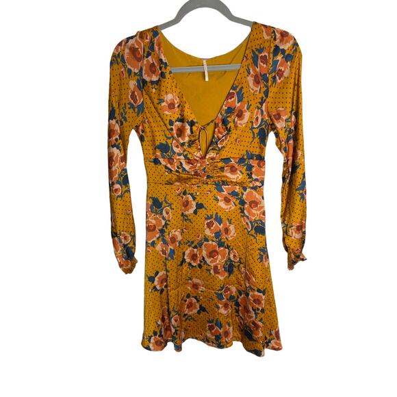 Free People Morning Light Mini Dress Long Sleeve Floral Print Yellow Blue Size 2 - Picture 4 of 10